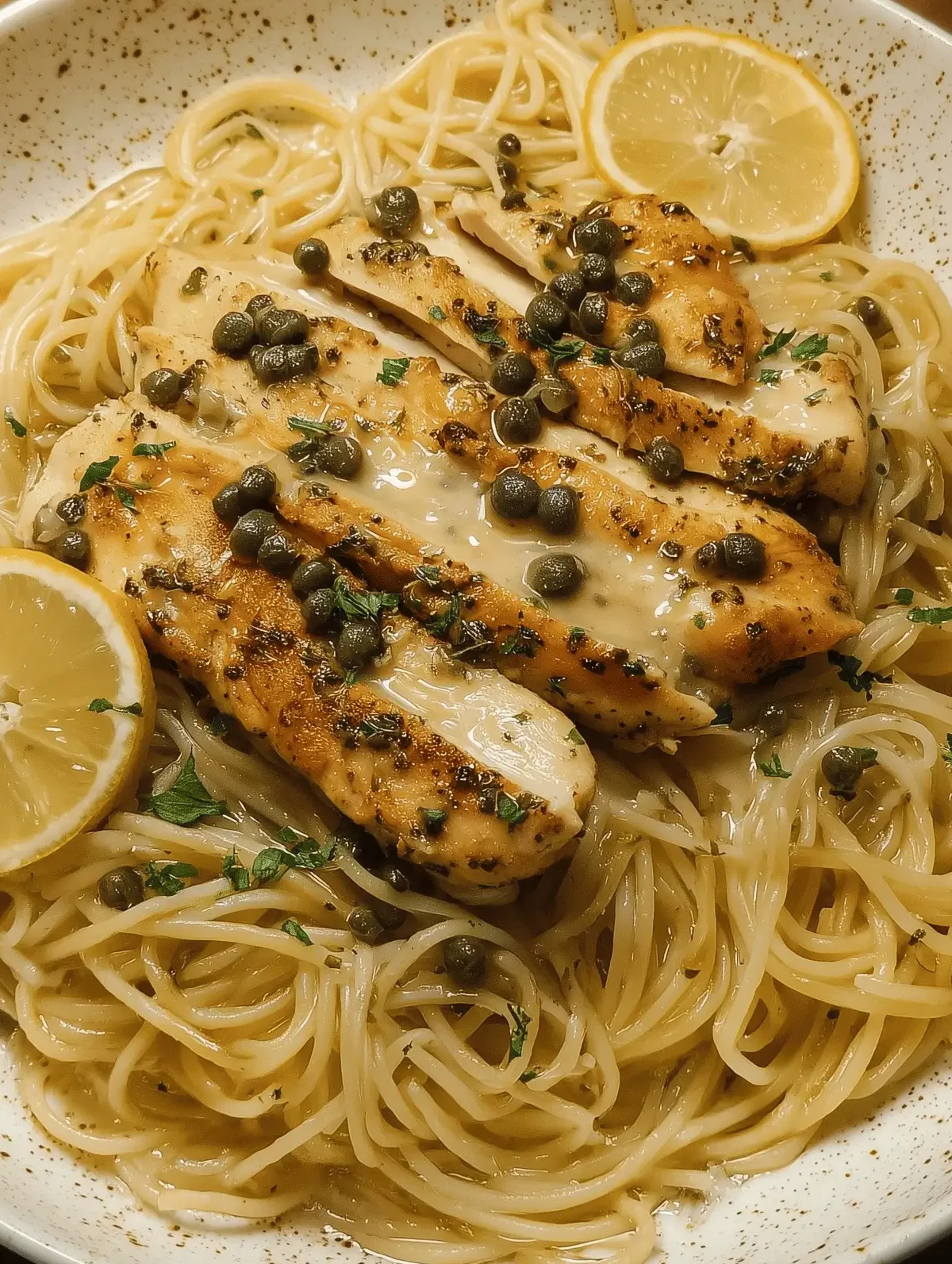 Delicious Chicken Piccata Pasta with lemon, capers, and juicy chicken in buttery sauce.