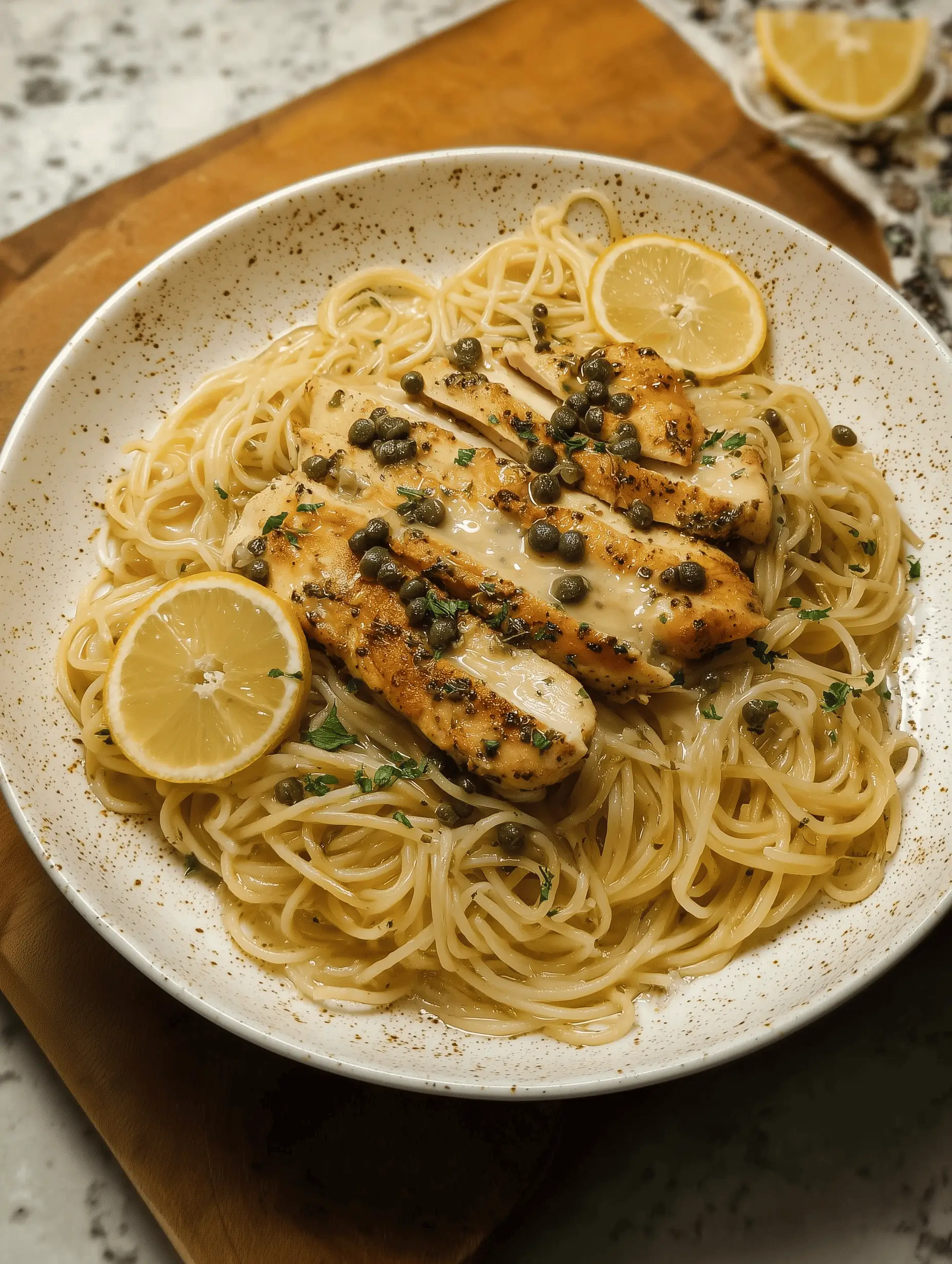 Delicious Chicken Piccata Pasta with lemon, capers, and juicy chicken in buttery sauce.
