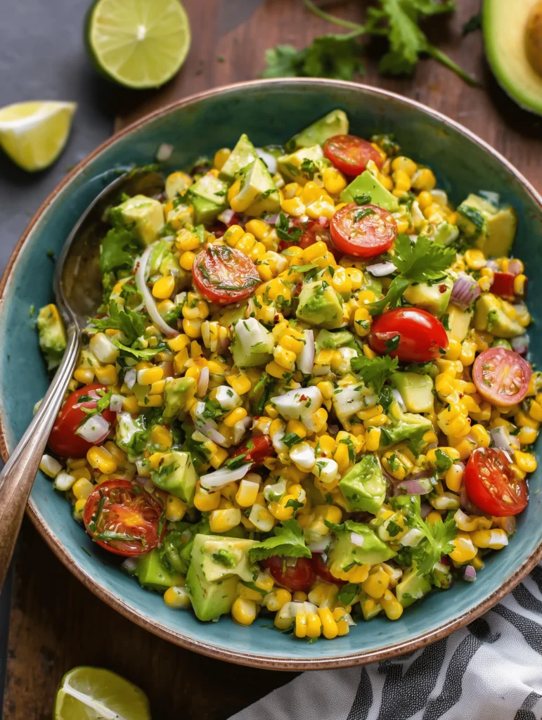 Fresh summer avocado corn salad with cherry tomatoes, avocado, red onion, cilantro, and lime dressing