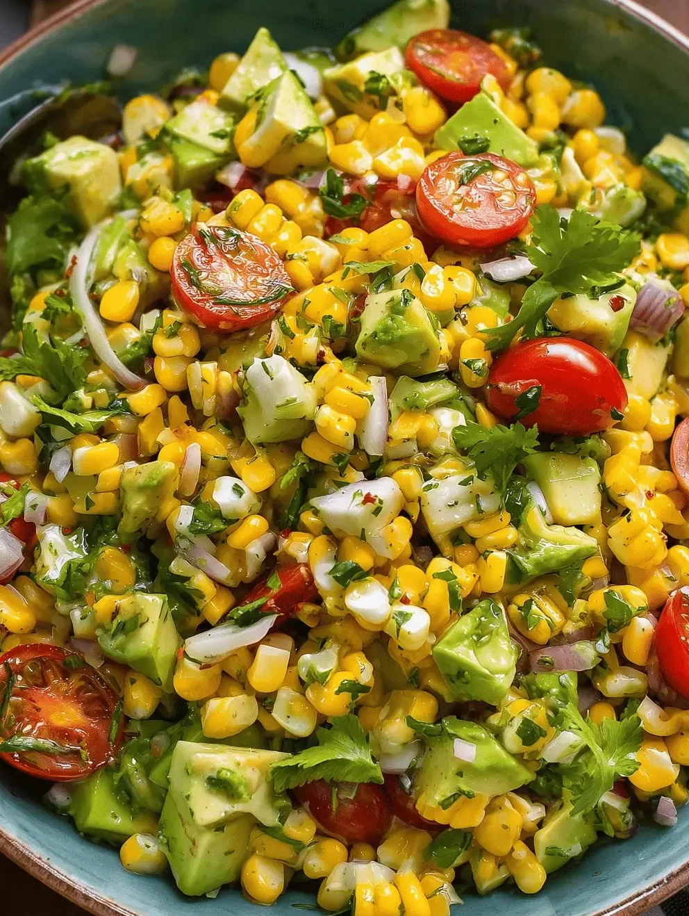 Fresh summer avocado corn salad with cherry tomatoes, avocado, red onion, cilantro, and lime dressing
