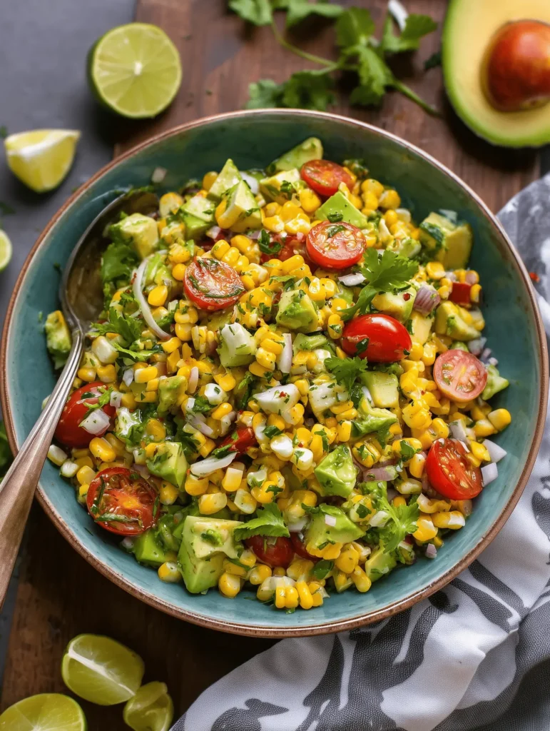 Fresh summer avocado corn salad with cherry tomatoes, avocado, red onion, cilantro, and lime dressing