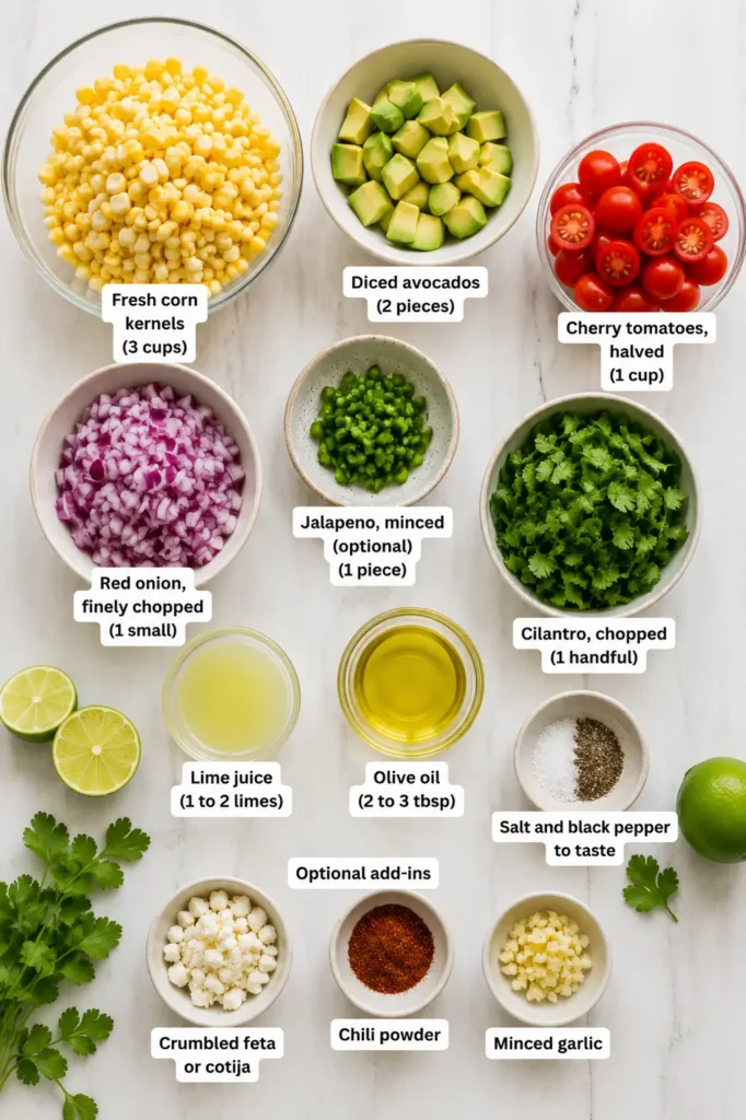 Fresh summer avocado corn salad with cherry tomatoes, avocado, red onion, cilantro, and lime dressing