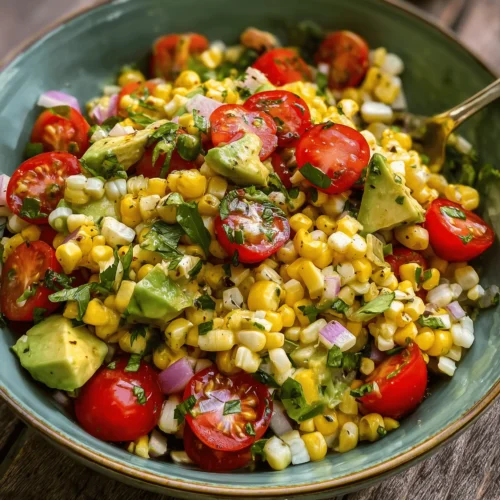 Fresh summer avocado corn salad with cherry tomatoes, avocado, red onion, cilantro, and lime dressing