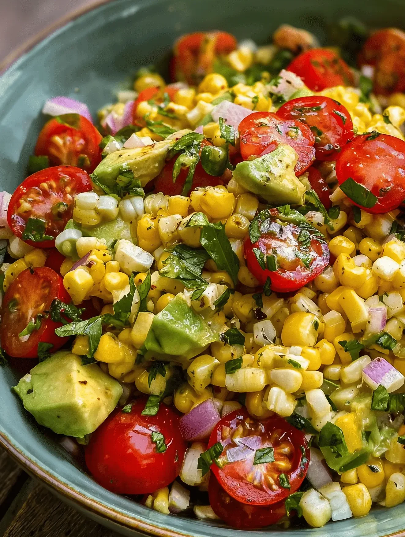Fresh summer avocado corn salad with cherry tomatoes, avocado, red onion, cilantro, and lime dressing