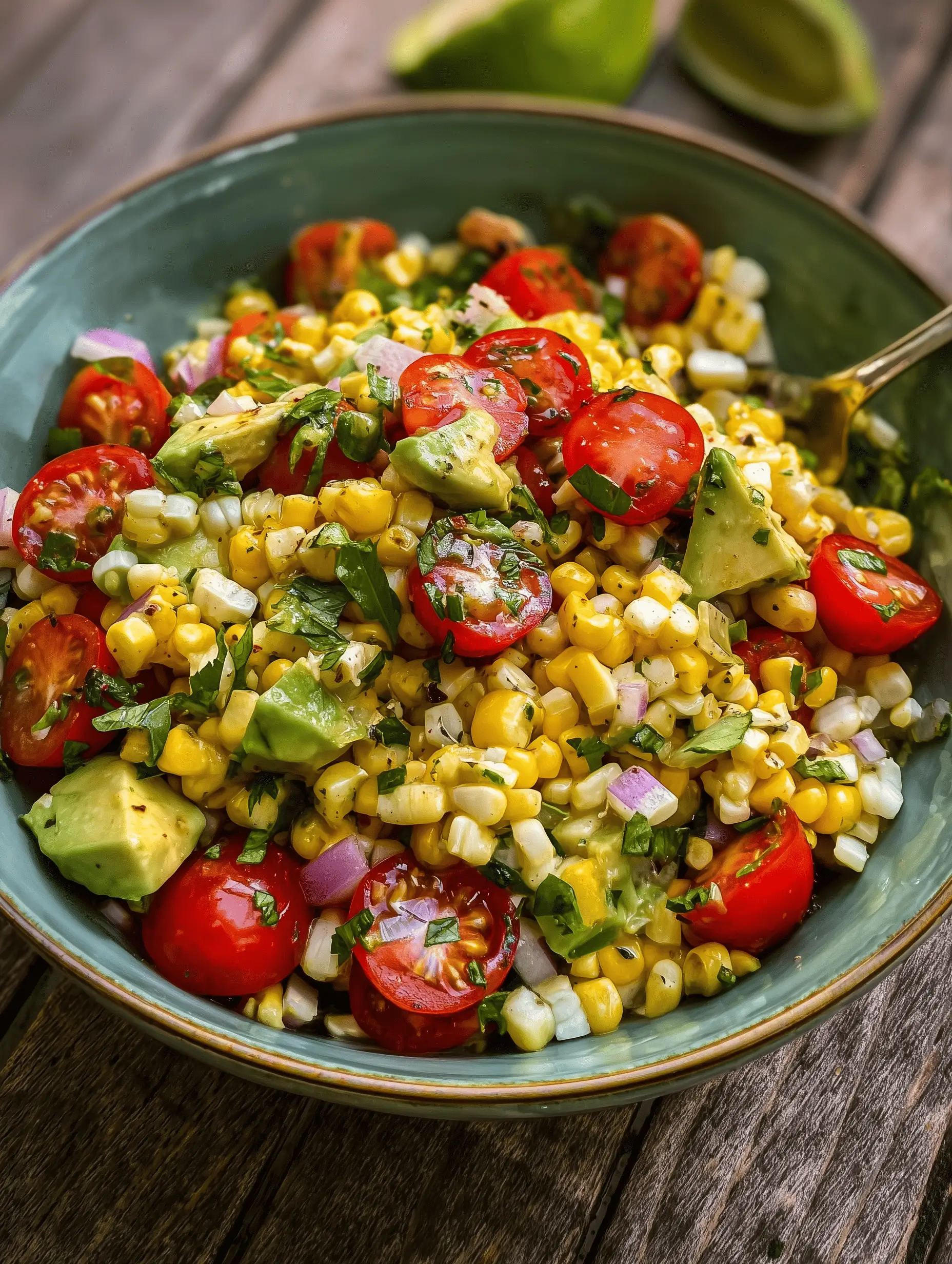 Fresh summer avocado corn salad with cherry tomatoes, avocado, red onion, cilantro, and lime dressing