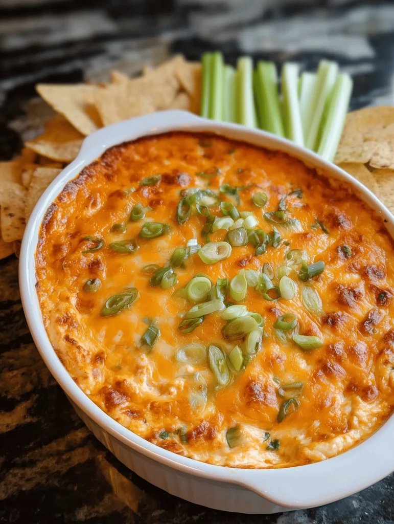 Delicious and creamy Buffalo Chicken Dip served in a bowl with tortilla chips.