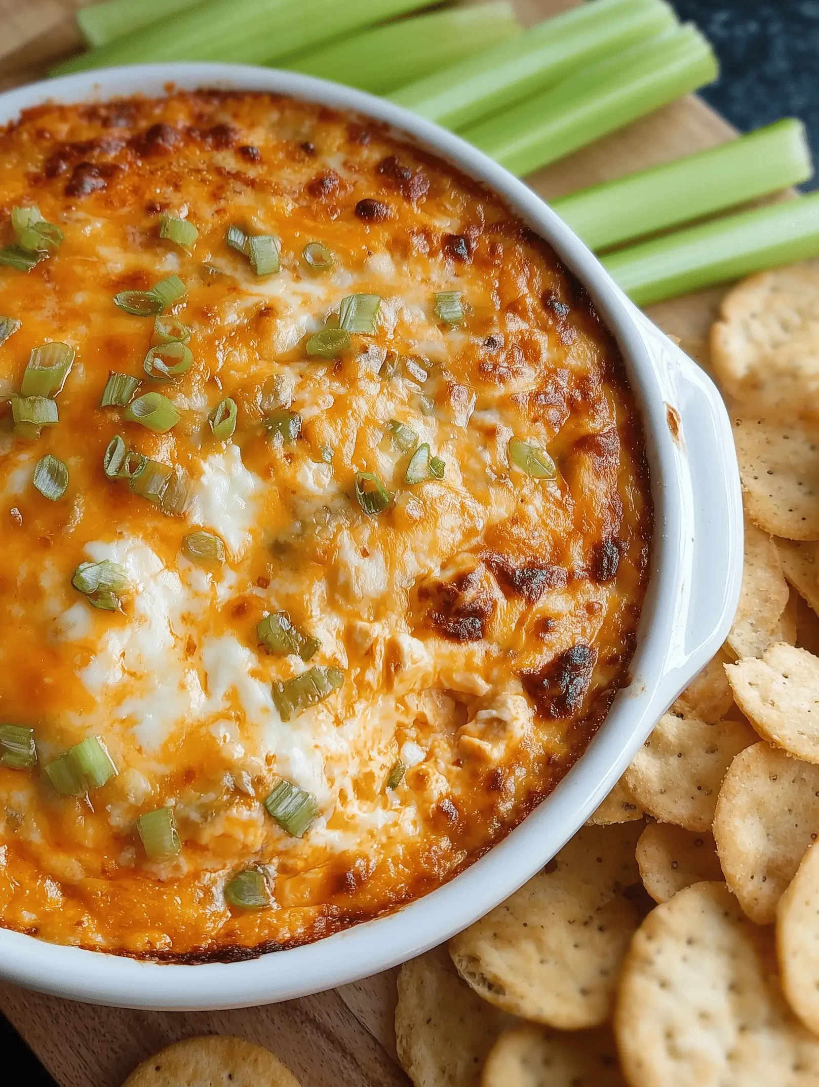 Delicious and creamy Buffalo Chicken Dip served in a bowl with tortilla chips.