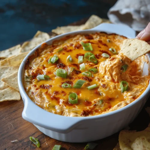 Delicious and creamy Buffalo Chicken Dip served in a bowl with tortilla chips.