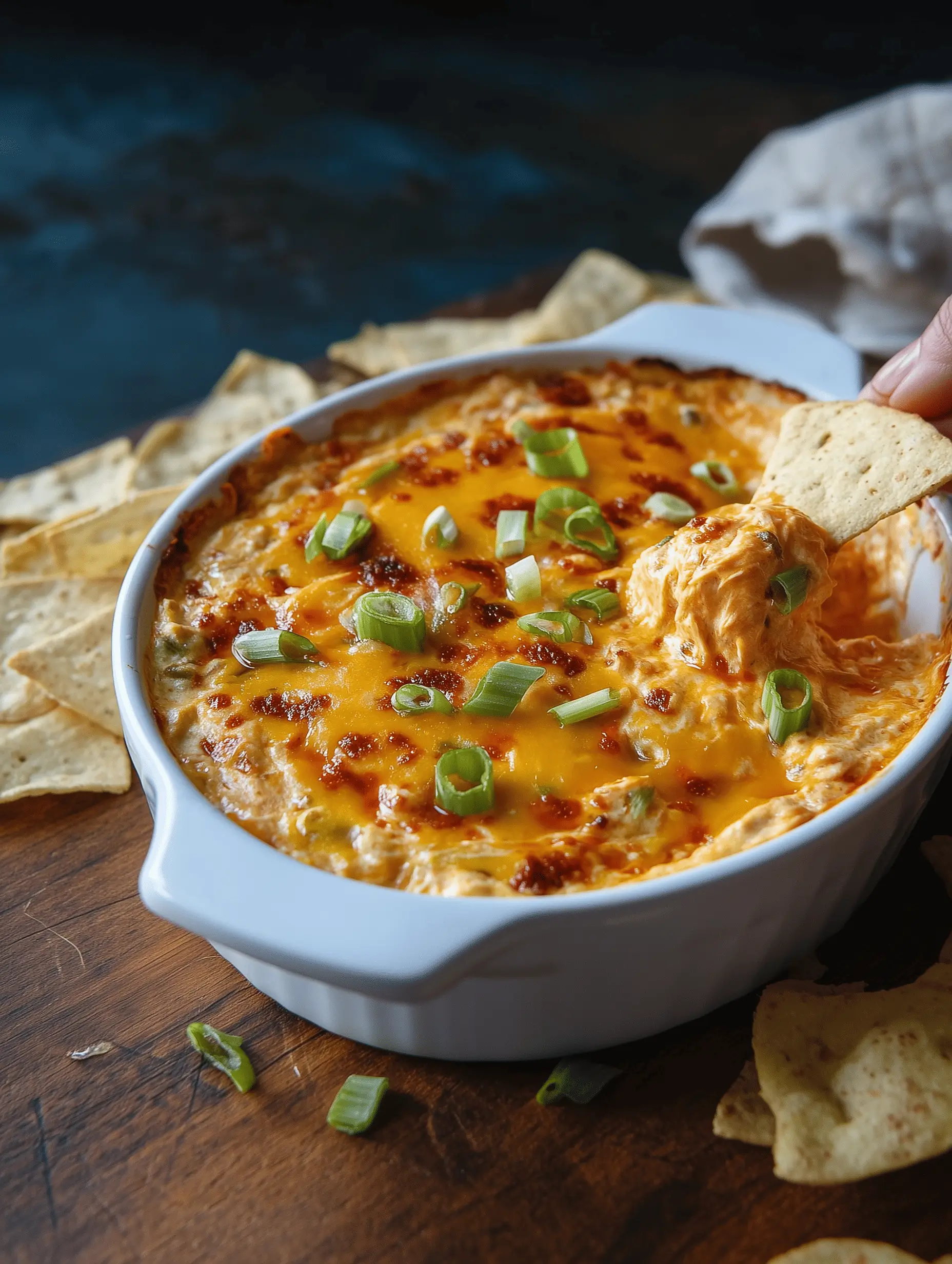 Delicious and creamy Buffalo Chicken Dip served in a bowl with tortilla chips.
