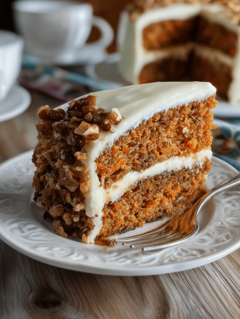 Delicious homemade carrot cake with cream cheese frosting on a plate