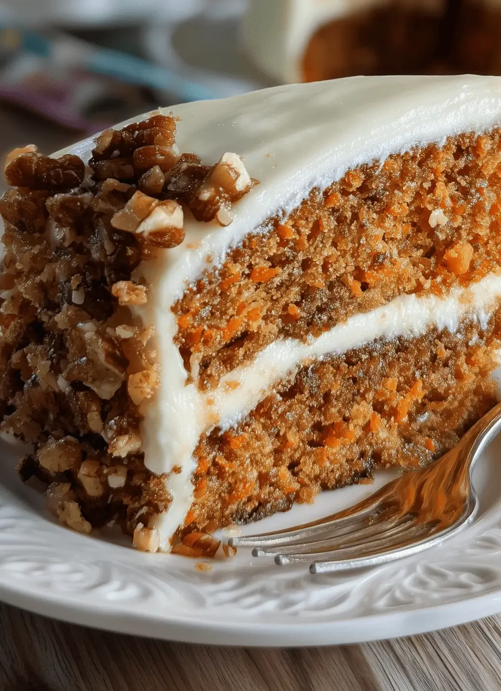 Delicious homemade carrot cake with cream cheese frosting on a plate