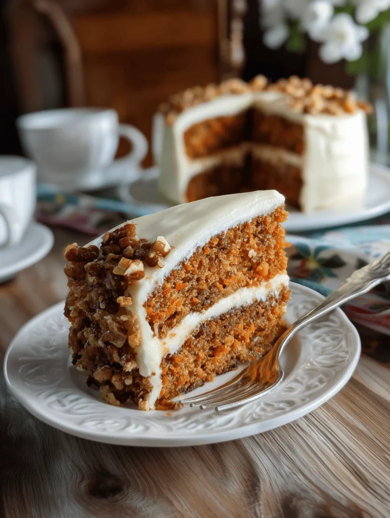 Delicious homemade carrot cake with cream cheese frosting on a plate