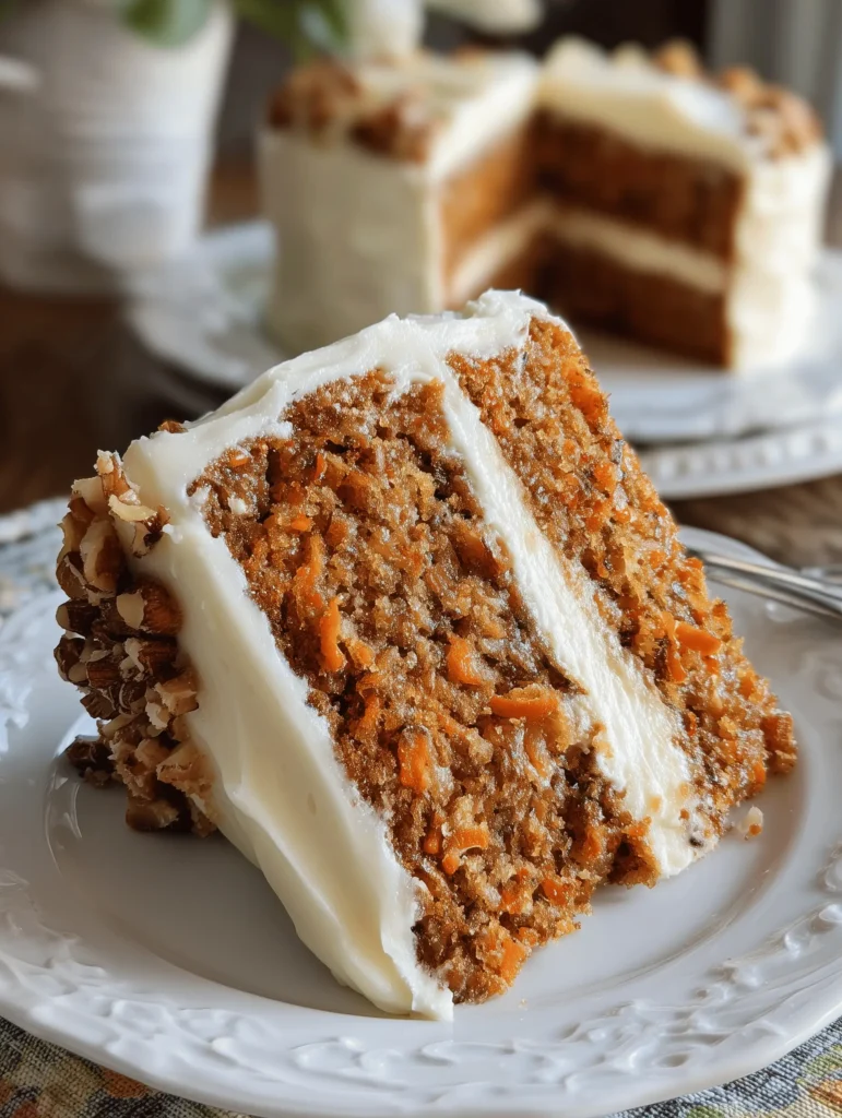 Delicious homemade carrot cake with cream cheese frosting on a plate
