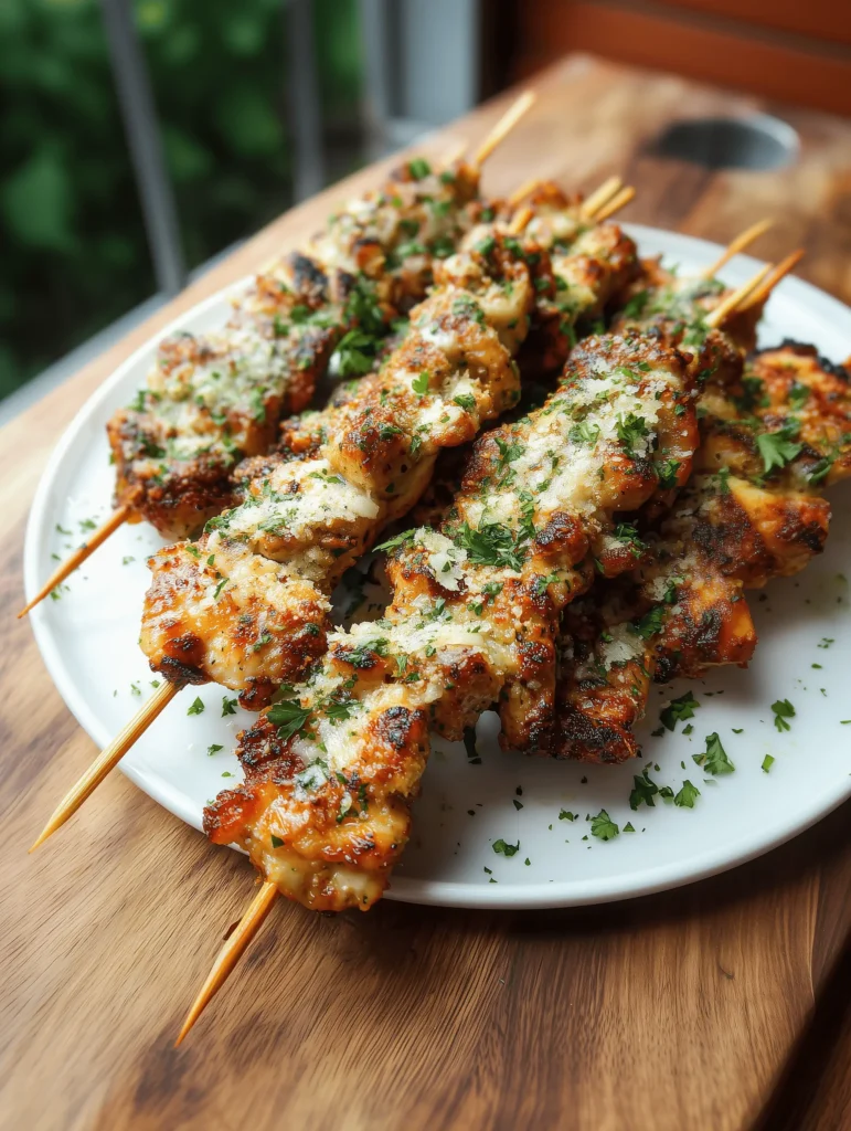 Juicy Air Fryer Garlic Parmesan Chicken Skewers grilled to perfection, drizzled with garlic sauce.