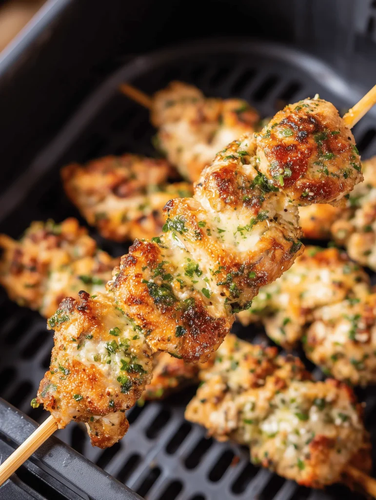 Juicy Air Fryer Garlic Parmesan Chicken Skewers grilled to perfection, drizzled with garlic sauce.