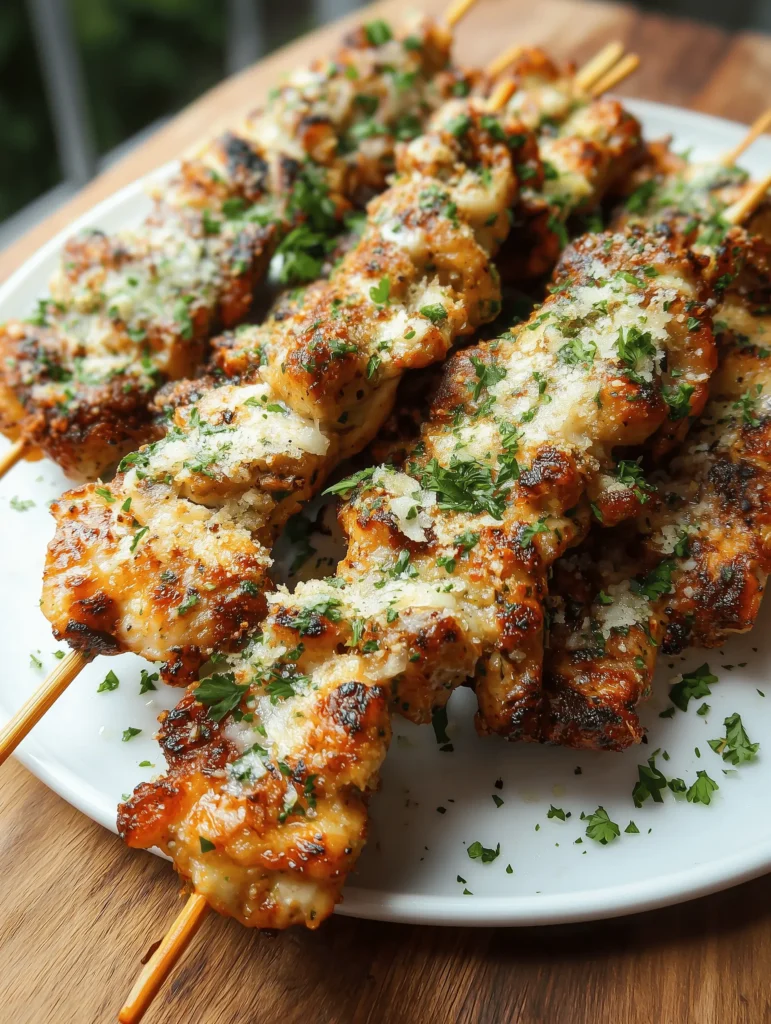 Juicy Air Fryer Garlic Parmesan Chicken Skewers grilled to perfection, drizzled with garlic sauce.