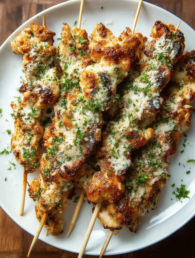 Juicy Air Fryer Garlic Parmesan Chicken Skewers grilled to perfection, drizzled with garlic sauce.