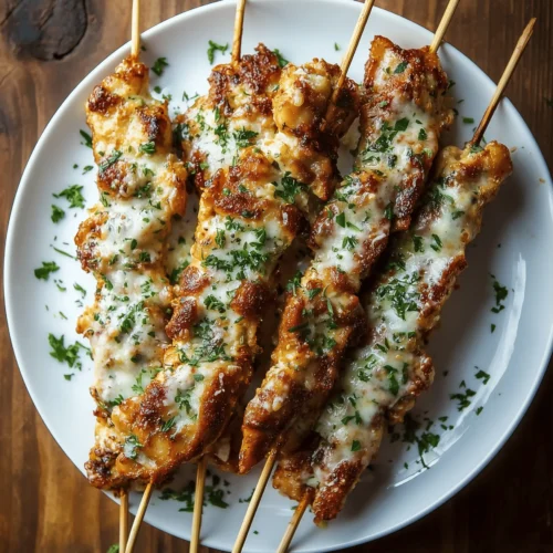 Juicy Air Fryer Garlic Parmesan Chicken Skewers grilled to perfection, drizzled with garlic sauce.