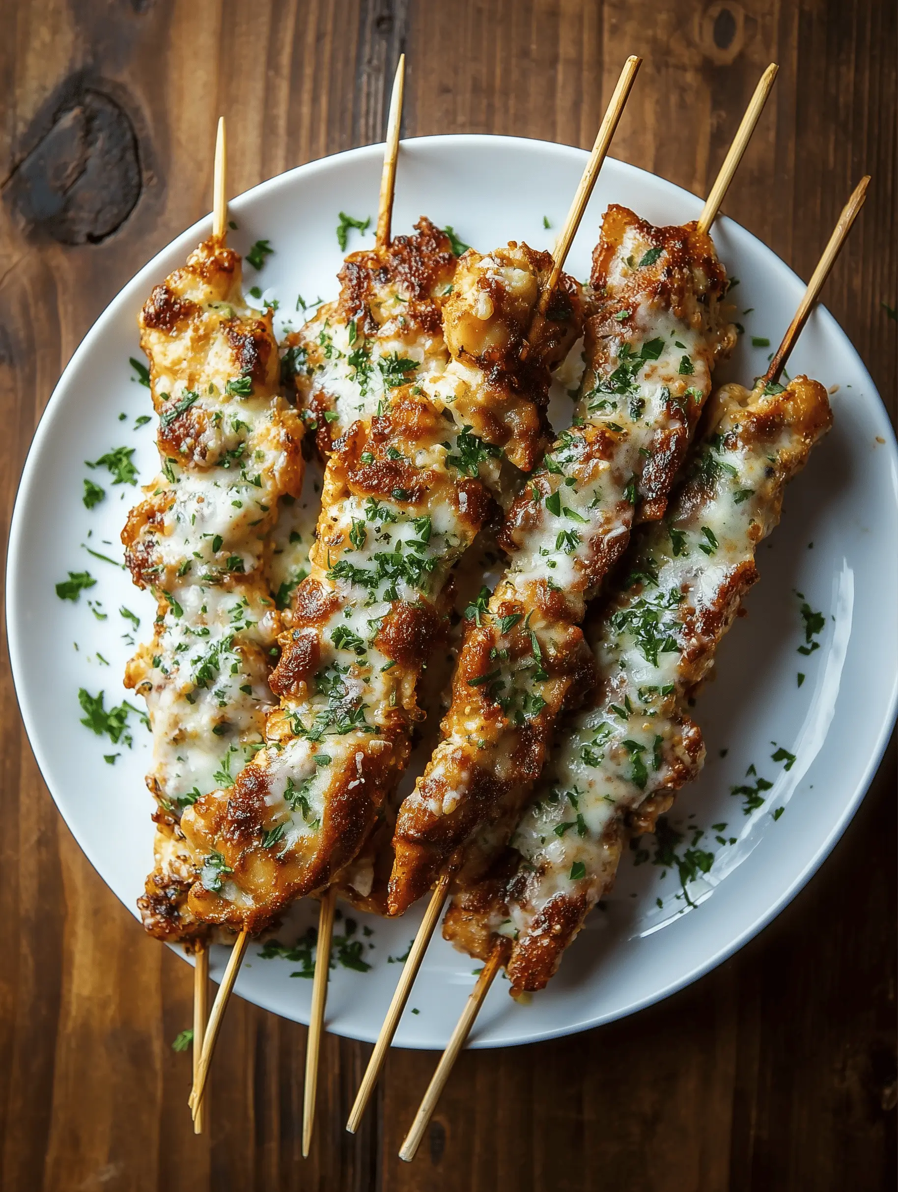 Juicy Air Fryer Garlic Parmesan Chicken Skewers grilled to perfection, drizzled with garlic sauce.