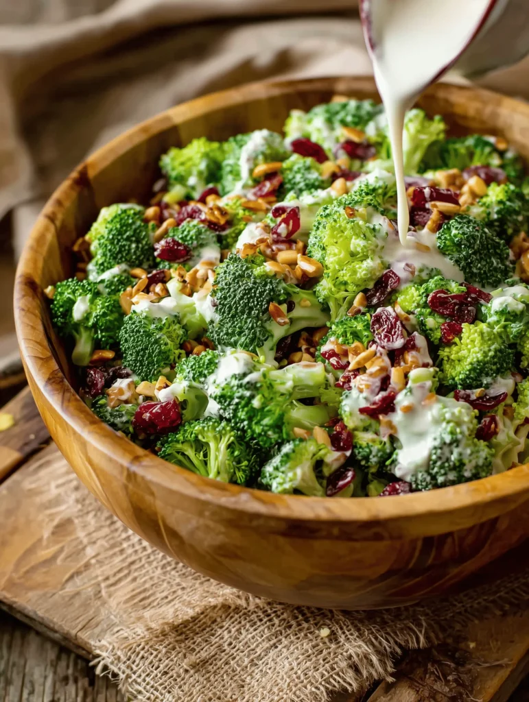 Delicious and Classic Broccoli Salad Recipe with Creamy Dressing, sunflower seeds, and a creamy dressing.