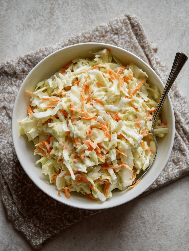 Bowl of homemade Copycat KFC Coleslaw with shredded cabbage and carrots