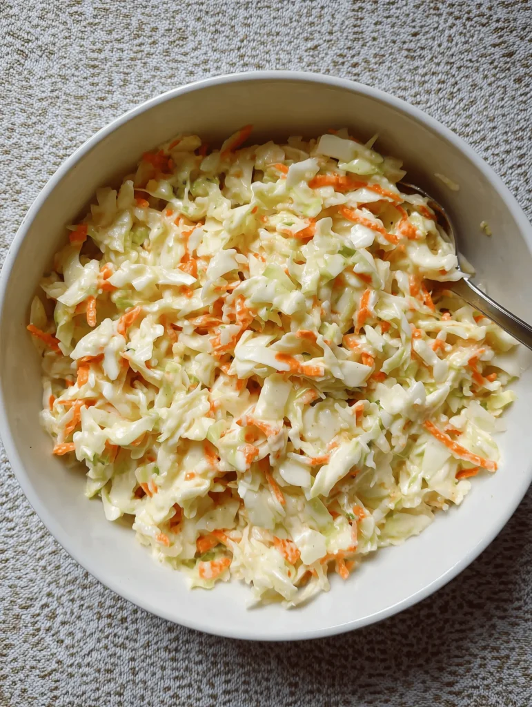 Bowl of homemade Copycat KFC Coleslaw with shredded cabbage and carrots