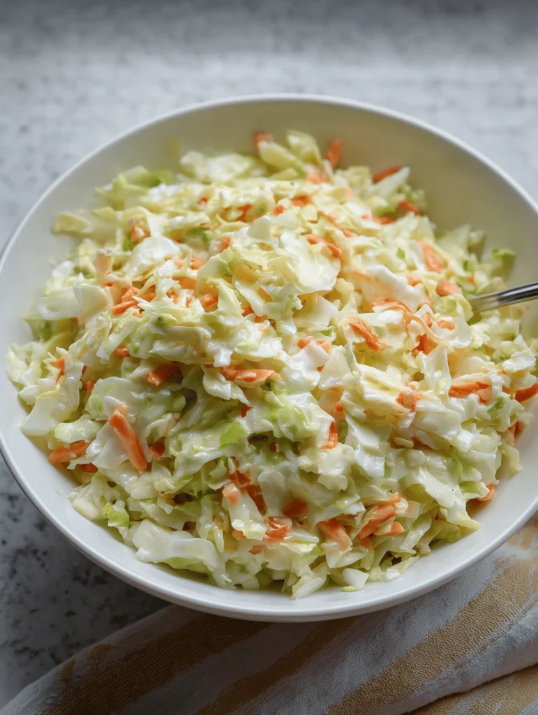 Bowl of homemade Copycat KFC Coleslaw with shredded cabbage and carrots