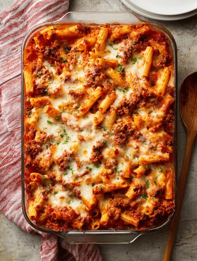 Delicious & Easy Baked Ziti with Ricotta Cheese and Italian Sausage, and hearty tomato sauce.