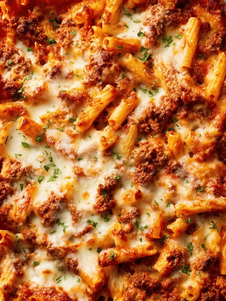 Delicious & Easy Baked Ziti with Ricotta Cheese and Italian Sausage, and hearty tomato sauce.