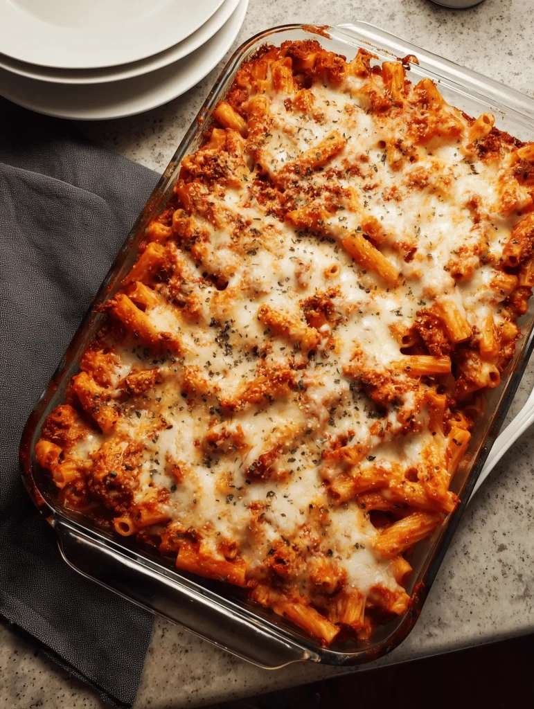 Delicious & Easy Baked Ziti with Ricotta Cheese and Italian Sausage, and hearty tomato sauce.