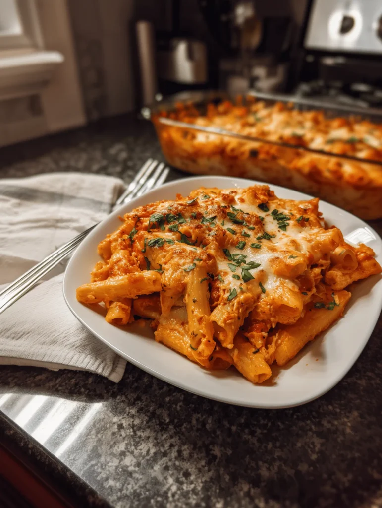 Delicious & Easy Baked Ziti with Ricotta Cheese and Italian Sausage, and hearty tomato sauce.