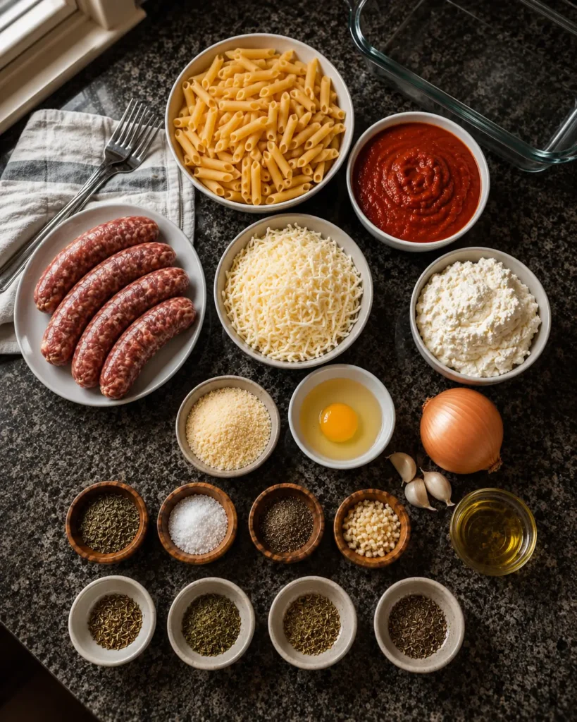 Delicious & Easy Baked Ziti with Ricotta Cheese and Italian Sausage, and hearty tomato sauce.