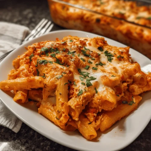 Delicious & Easy Baked Ziti with Ricotta Cheese and Italian Sausage, and hearty tomato sauce.