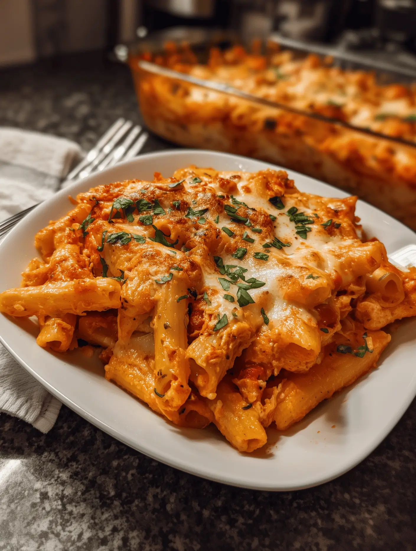 Delicious & Easy Baked Ziti with Ricotta Cheese and Italian Sausage, and hearty tomato sauce.