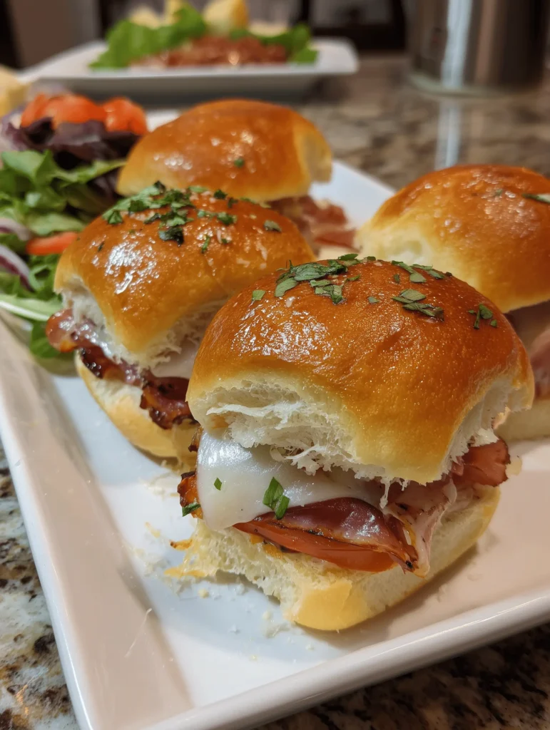Delicious and Easy Italian Sliders on Hawaiian Rolls, provolone, and peppers on soft buns