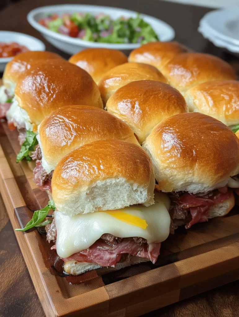 Delicious and Easy Italian Sliders on Hawaiian Rolls, provolone, and peppers on soft buns
