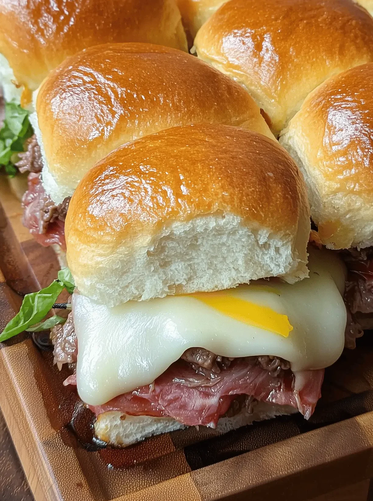 Delicious and Easy Italian Sliders on Hawaiian Rolls, provolone, and peppers on soft buns