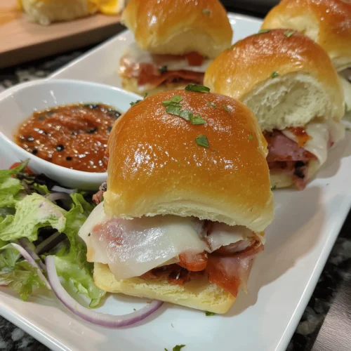 Delicious and Easy Italian Sliders on Hawaiian Rolls, provolone, and peppers on soft buns