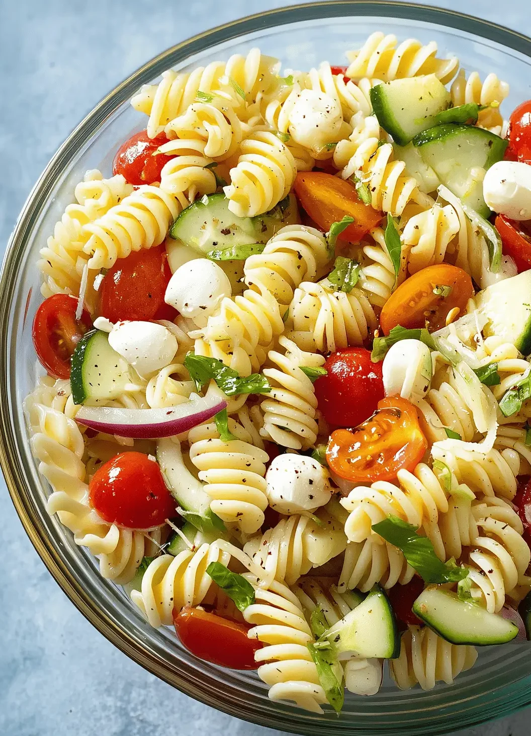 Easy Summer Pasta Salad with fresh vegetables, mozzarella, and zesty Italian dressing