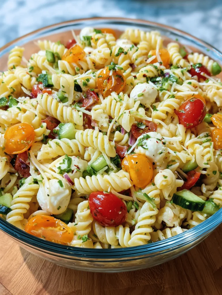 Easy Summer Pasta Salad with fresh vegetables, mozzarella, and zesty Italian dressing