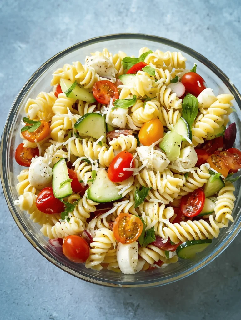 Easy Summer Pasta Salad with fresh vegetables, mozzarella, and zesty Italian dressing