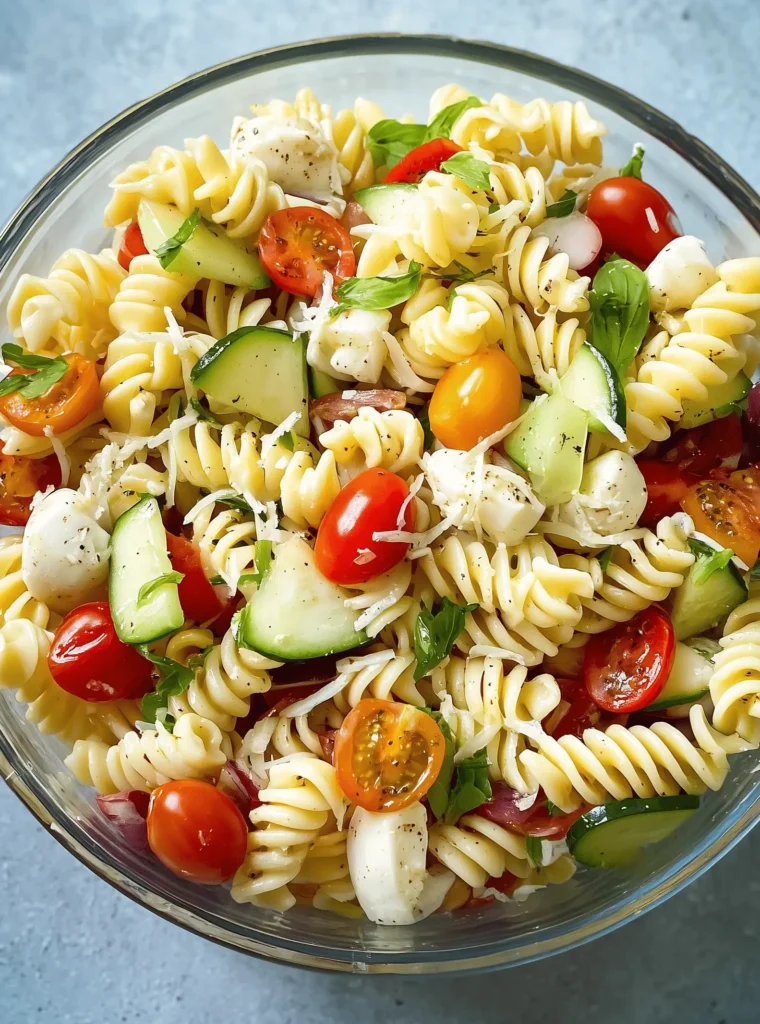 Easy Summer Pasta Salad with fresh vegetables, mozzarella, and zesty Italian dressing