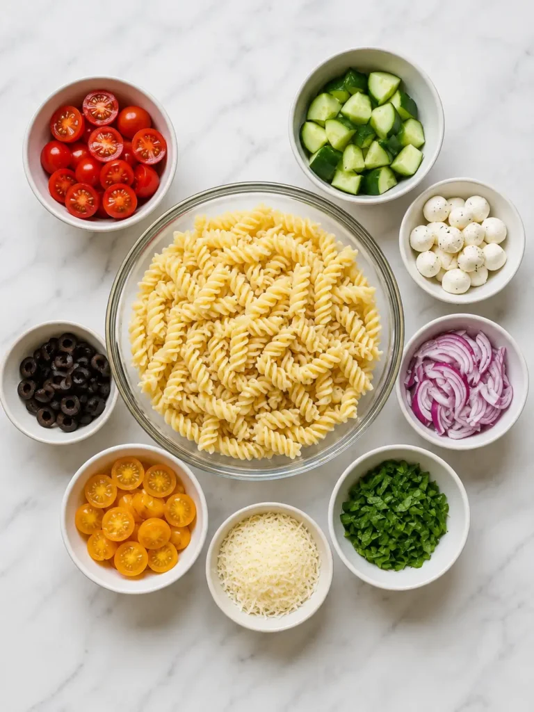 Easy Summer Pasta Salad with fresh vegetables, mozzarella, and zesty Italian dressing