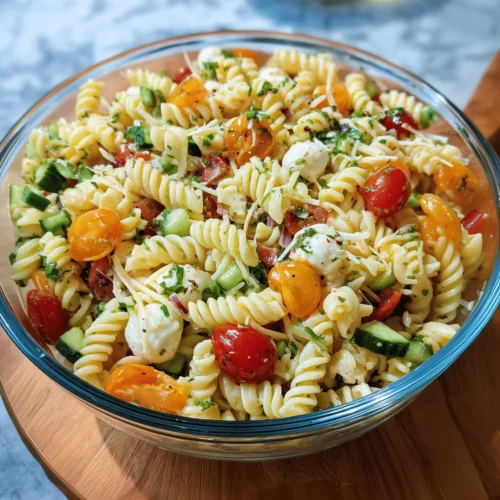 Easy Summer Pasta Salad with fresh vegetables, mozzarella, and zesty Italian dressing