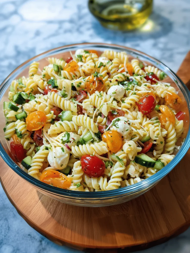 Easy Summer Pasta Salad with fresh vegetables, mozzarella, and zesty Italian dressing