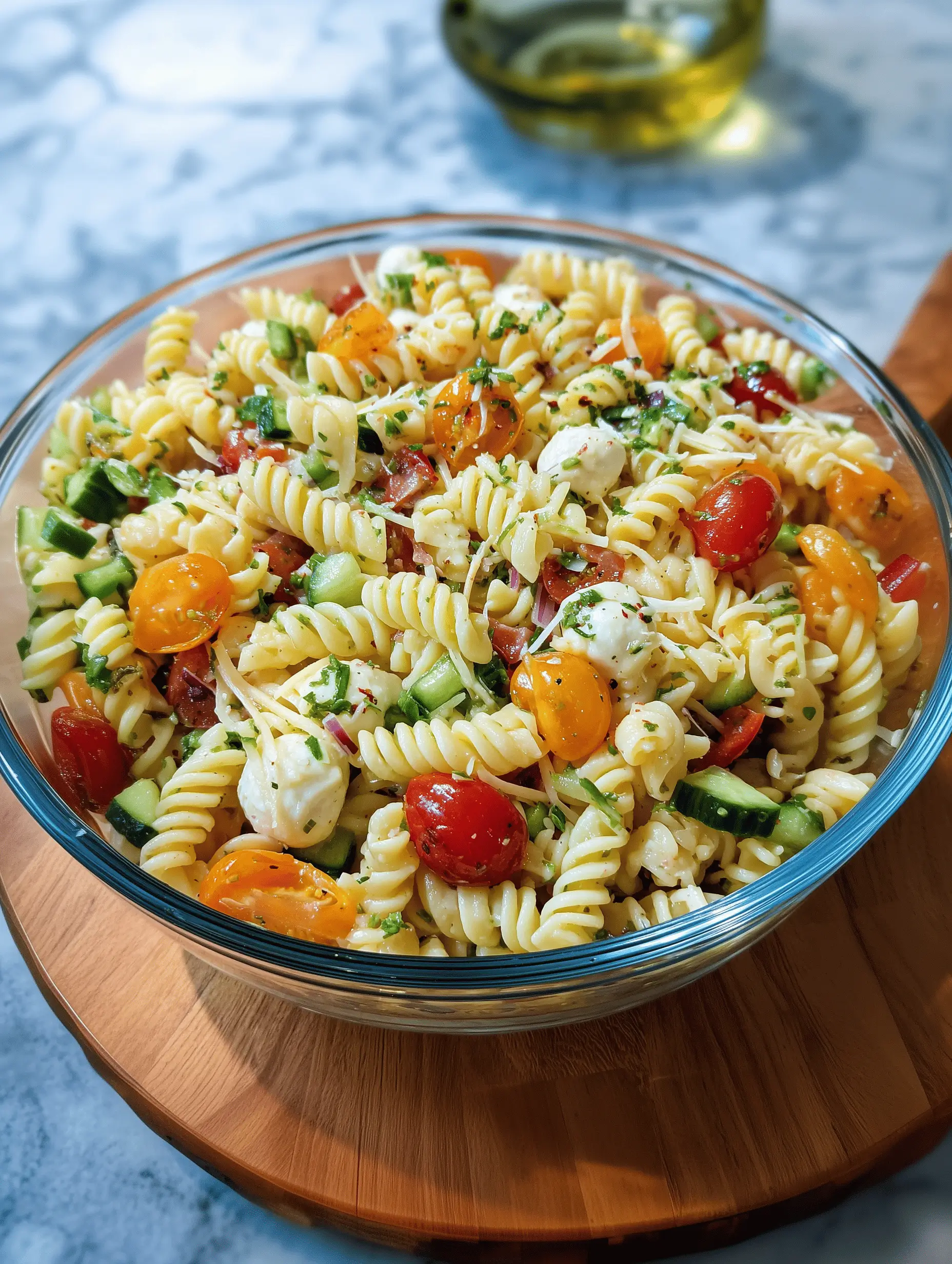 Easy Summer Pasta Salad with fresh vegetables, mozzarella, and zesty Italian dressing