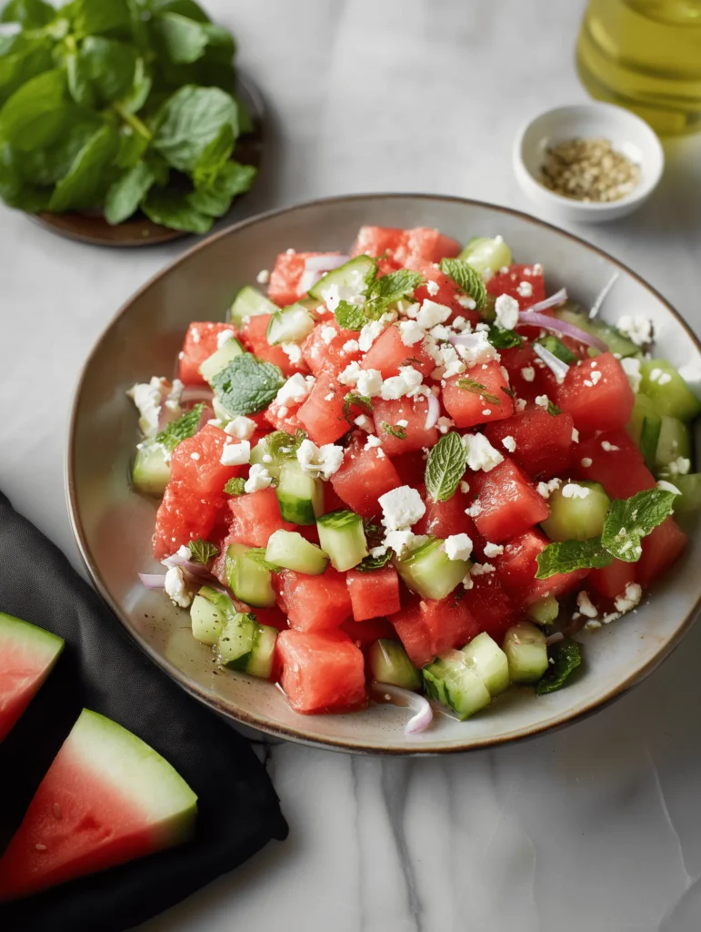 Fresh watermelon salad with feta, cucumber, and mint dressed in honey-balsamic vinaigrette.