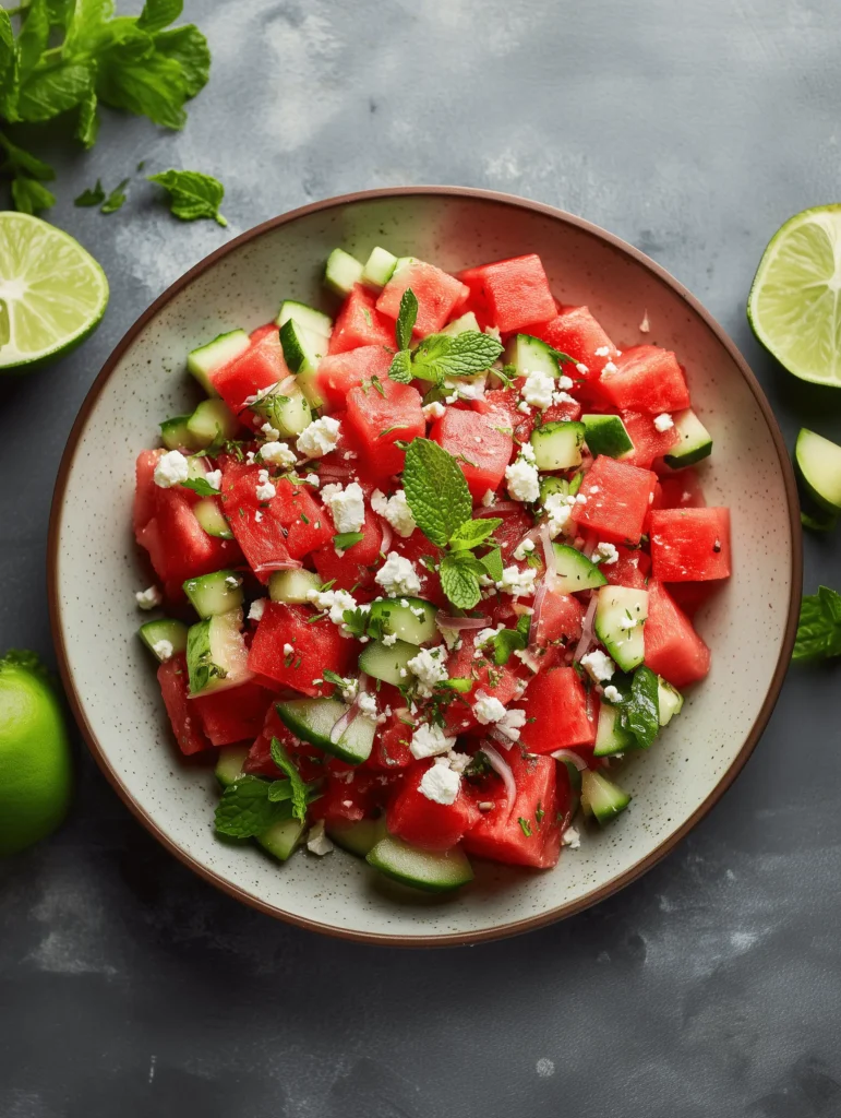 Fresh watermelon salad with feta, cucumber, and mint dressed in honey-balsamic vinaigrette.