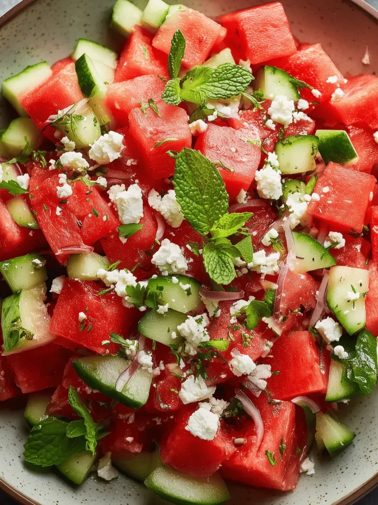 Fresh watermelon salad with feta, cucumber, and mint dressed in honey-balsamic vinaigrette.