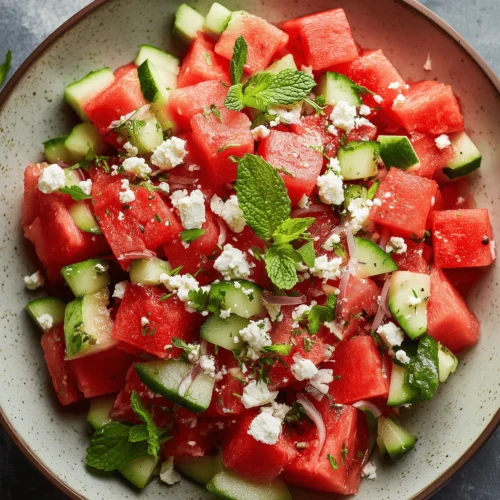 Fresh watermelon salad with feta, cucumber, and mint dressed in honey-balsamic vinaigrette.